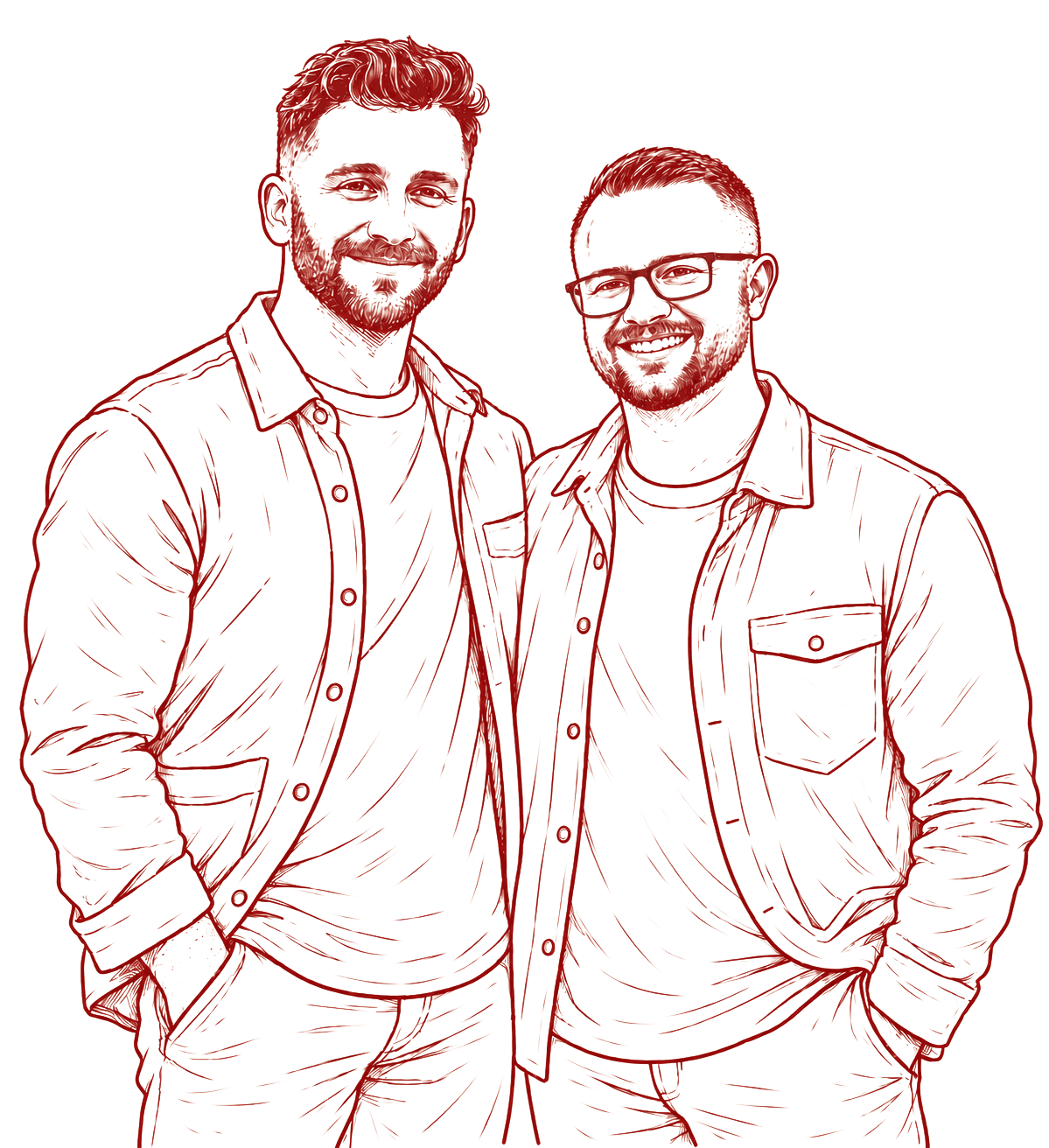 Red line art illustration of Broad Street Exchange founders Kenny and Ryan standing side by side